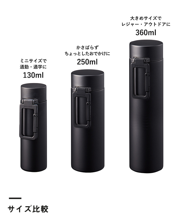 MOTTERUカラビナハンドルサーモボトル　130ml（SNS-0300033）サイズ比較