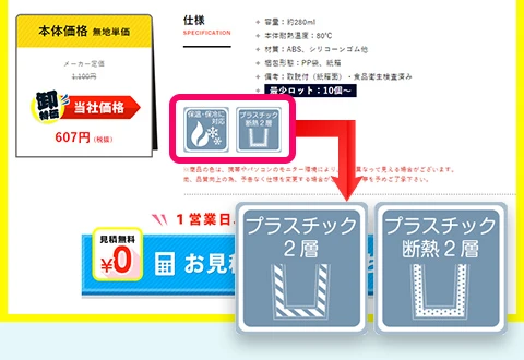 プラスチック製品の保温・保冷仕様は【生地仕様】部分のアイコン一覧を参照・プラスチック2層・プラスチック断熱2層